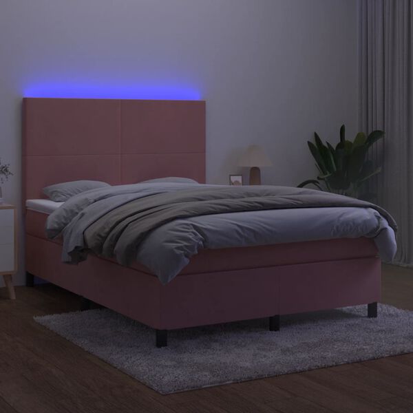 vidaXL Boxspringbett mit Matratze & LED Rosa 140x200 cm Samt