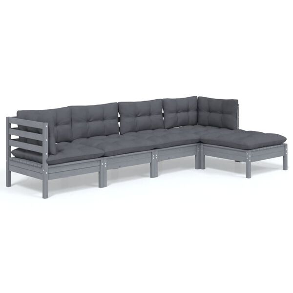 vidaXL 5-tlg. Garten-Lounge-Set mit Kissen Grau Kiefernholz