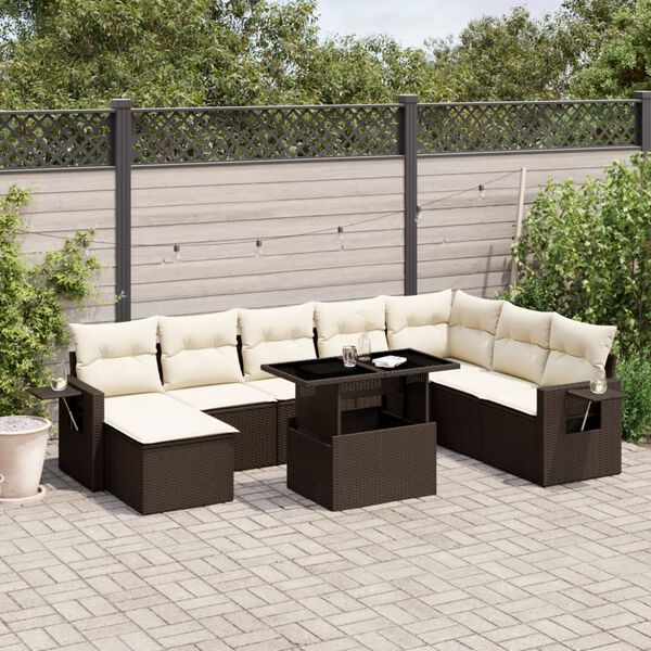 vidaXL 9-tlg. Garten-Sofagarnitur mit Kissen Braun Poly Rattan