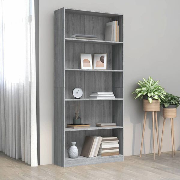 vidaXL B&uuml;cherregal 5 F&auml;cher Grau Sonoma-Eiche 80x24x175 Holzwerkstoff