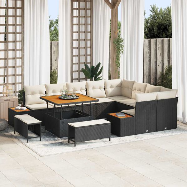 vidaXL Garten-Sofa-Set mit Kissen mit Speicher Schwarz Poly Rattan
