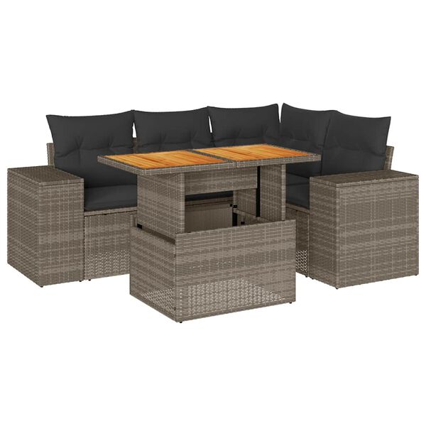 vidaXL 5-tlg. Garten-Sofagarnitur mit Kissen Grau Poly Rattan