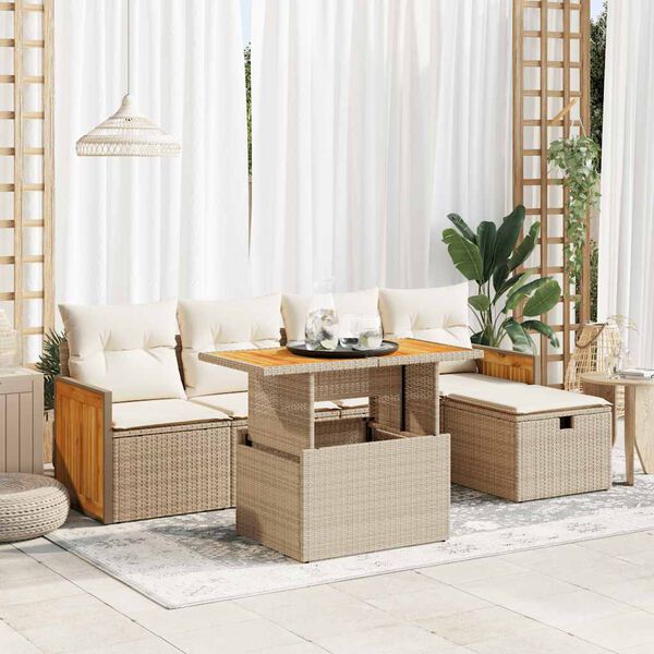 vidaXL 6-tlg. Garten-Sofagarnitur mit Kissen Beige Poly Rattan