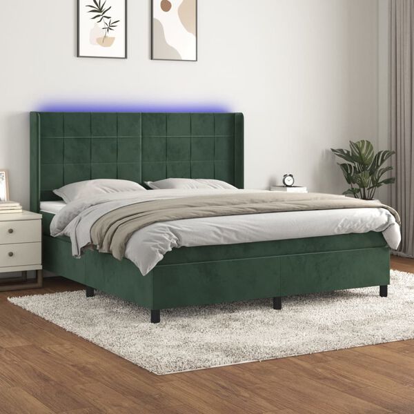 vidaXL Boxspringbett mit Matratze & LED Dunkelgr&uuml;n 160x200 cm Samt