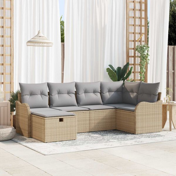 vidaXL Garten-Sofa-Set mit Kissen mit Speicher 6 pcs Beige Poly Rattan