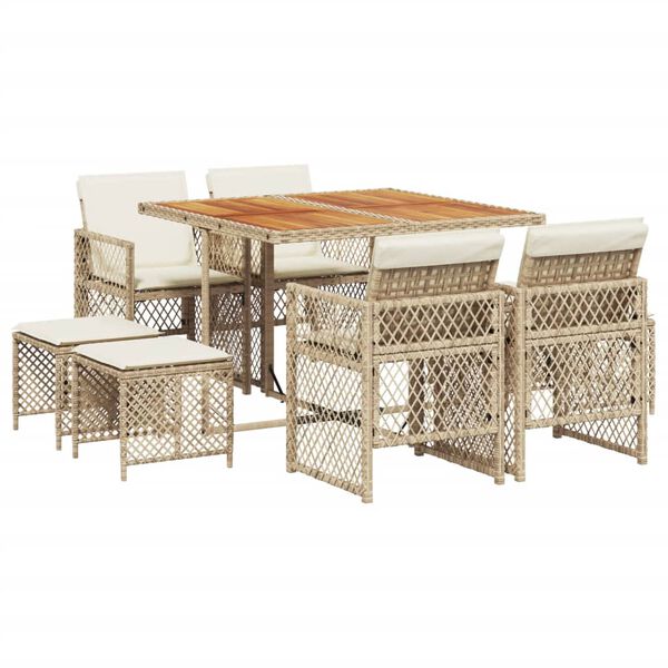 vidaXL 9-tlg. Garten-Essgruppe mit Kissen Beige Poly Rattan
