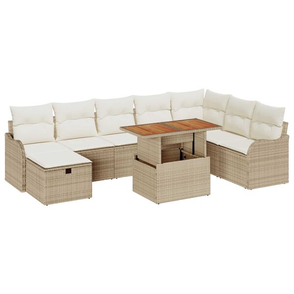 vidaXL Garten-Sofa-Set mit Kissen mit Speicher 9 pcs Beige Poly Rattan