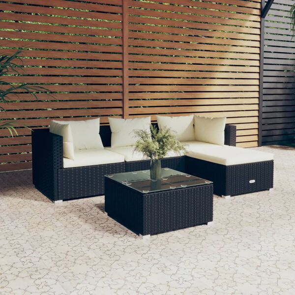 vidaXL 5-tlg. Garten-Lounge-Set mit Kissen Poly Rattan Schwarz