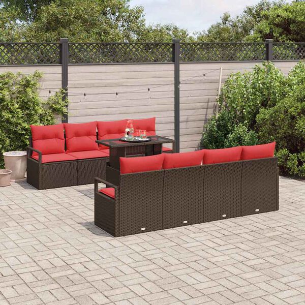 vidaXL Gartensofa-set mit Speicher 9 pcs Braun und Rot Poly-Rattan