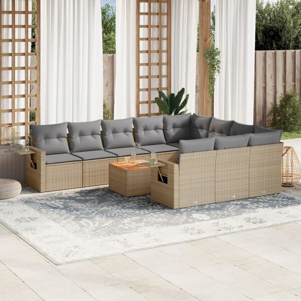 vidaXL 11-tlg. Garten-Sofagarnitur mit Kissen Beige Poly Rattan