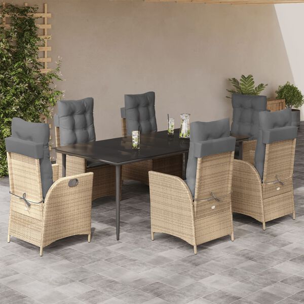 vidaXL 7-tlg. Garten-Essgruppe mit Kissen Beige Poly Rattan