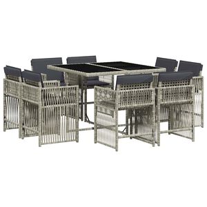 vidaXL 9-tlg. Garten-Essgruppe mit Kissen Hellgrau Poly Rattan