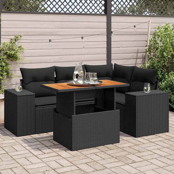 vidaXL 5-tlg. Garten-Sofagarnitur mit Kissen Schwarz Poly Rattan