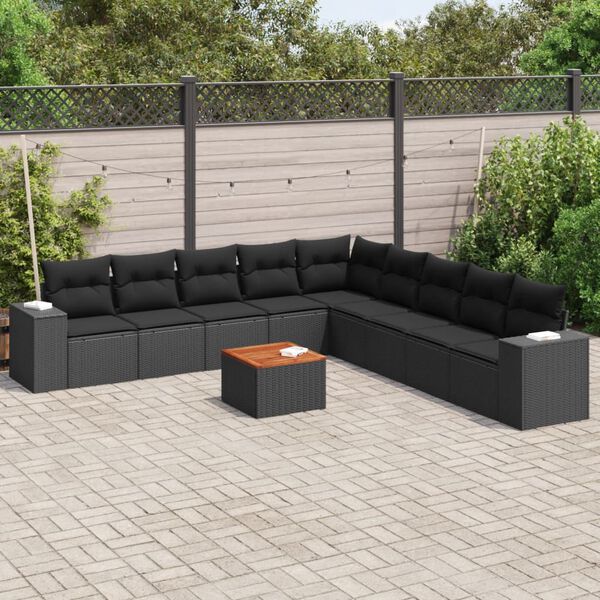 vidaXL 10-tlg. Garten-Sofagarnitur mit Kissen Schwarz Poly Rattan