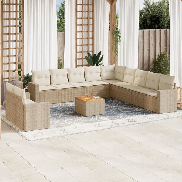 vidaXL 12-tlg. Garten-Sofagarnitur mit Kissen Beige Poly Rattan