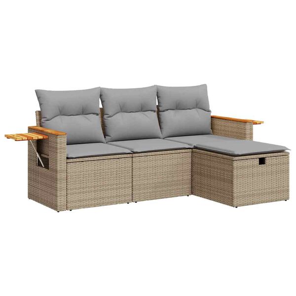 vidaXL 4-tlg. Garten-Sofagarnitur mit Kissen Beige Poly Rattan