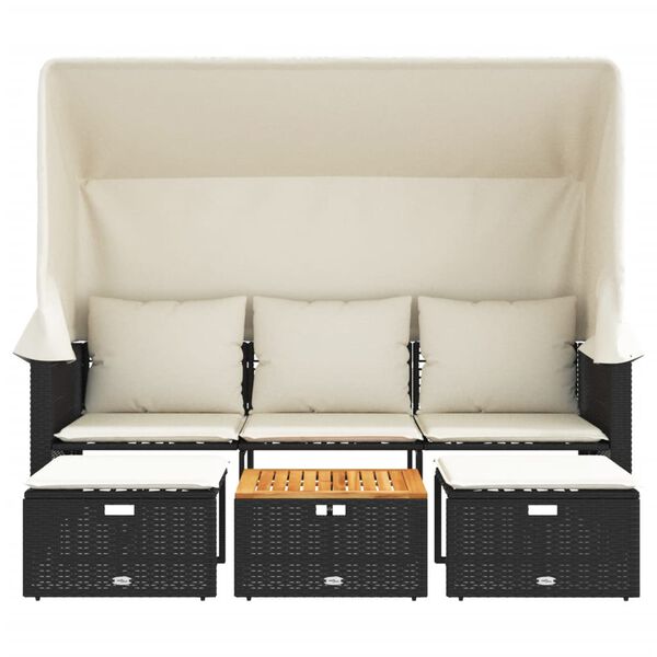vidaXL Outdoor-Sofa 3-Sitzer mit Dach und Hockern Schwarz Poly-Rattan