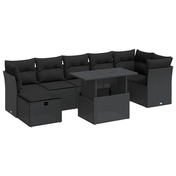 vidaXL 8-tlg. Garten-Sofagarnitur mit Kissen Schwarz Poly Rattan