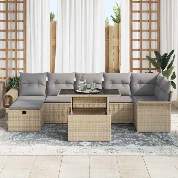 vidaXL Garten-Sofa-Set mit Kissen mit Speicher 8 pcs Beige Poly Rattan