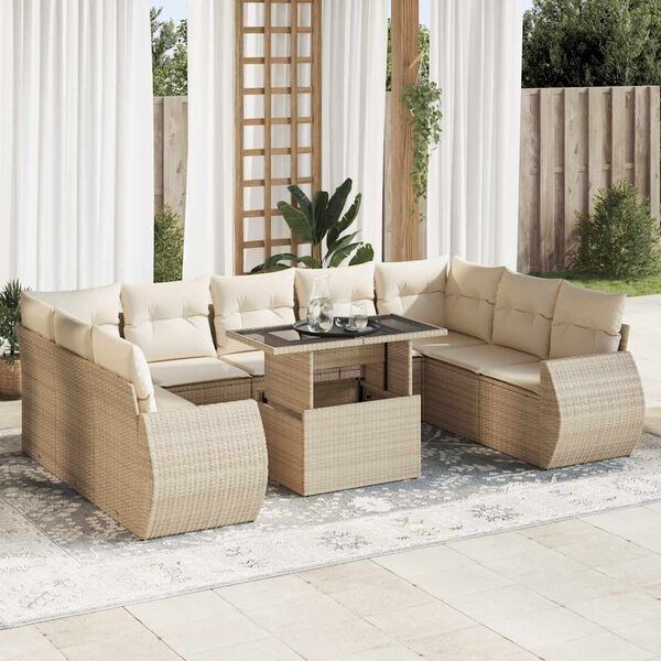 vidaXL 10-tlg. Garten-Sofagarnitur mit Kissen Beige Poly Rattan