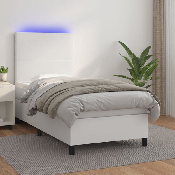 vidaXL Boxspringbett mit Matratze & LED Wei&szlig; 90x200 cm Kunstleder