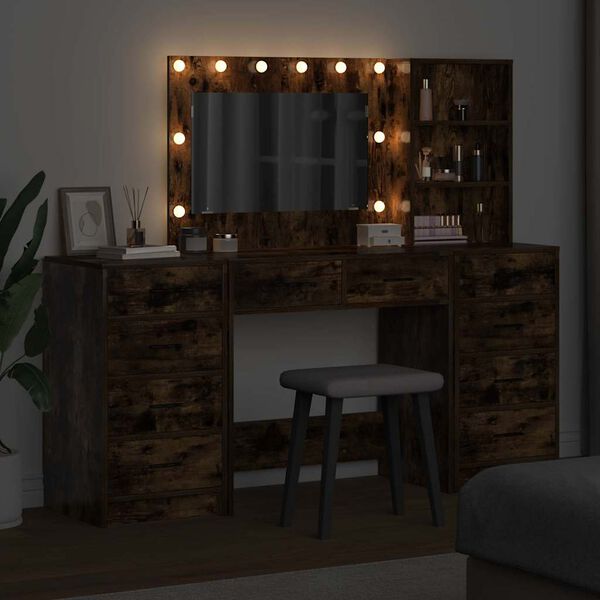 vidaXL Schminktisch mit Regal 3 pcs Ger&auml;ucherte Eiche Holzwerkstoff