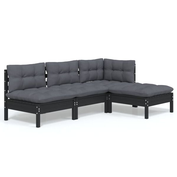 vidaXL 4-tlg. Garten-Lounge-Set mit Kissen Schwarz Kiefernholz