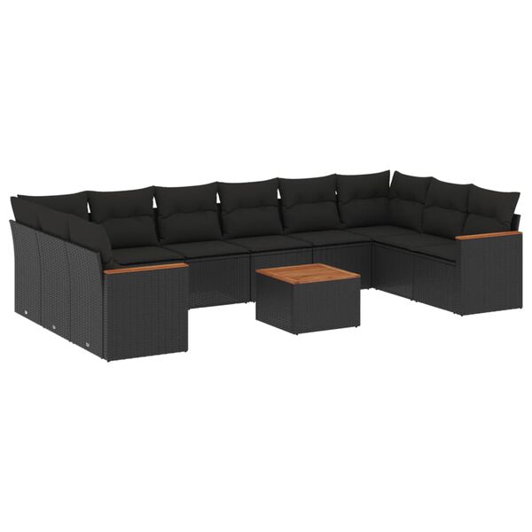 vidaXL 11-tlg. Garten-Sofagarnitur mit Kissen Schwarz Poly Rattan