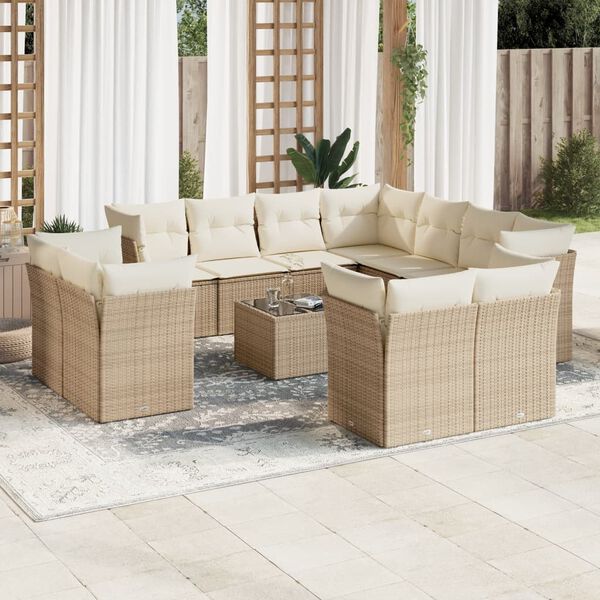 vidaXL 12-tlg. Garten-Sofagarnitur mit Kissen Beige Poly Rattan