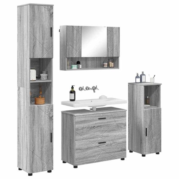 vidaXL Badezimmerm&ouml;bel-Set 4 pcs Graues Sonoma Sperrholz und Metall