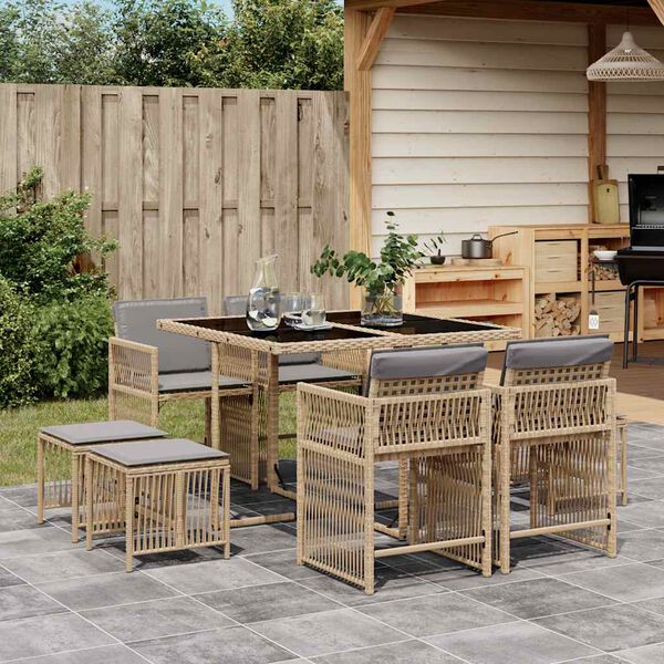 vidaXL 9-tlg. Garten-Essgruppe mit Kissen Beigemischung Poly Rattan