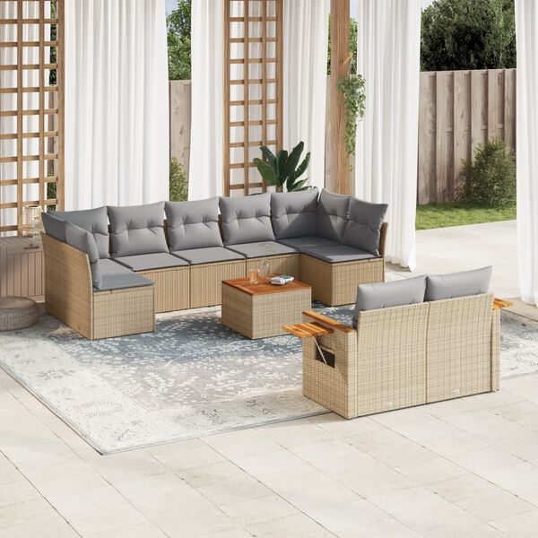 vidaXL 10-tlg. Garten-Sofagarnitur mit Kissen Beige Poly Rattan