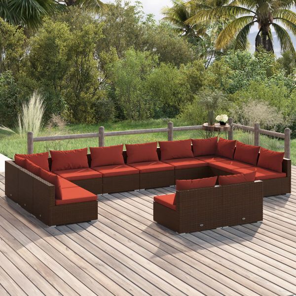 vidaXL 12-tlg. Garten-Lounge-Set mit Kissen Braun Poly Rattan