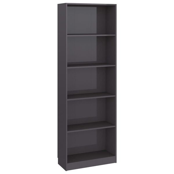 vidaXL Bücherregal 5 Fächer Hochglanz-Grau 60x24x175 cm Holzwerkstoff