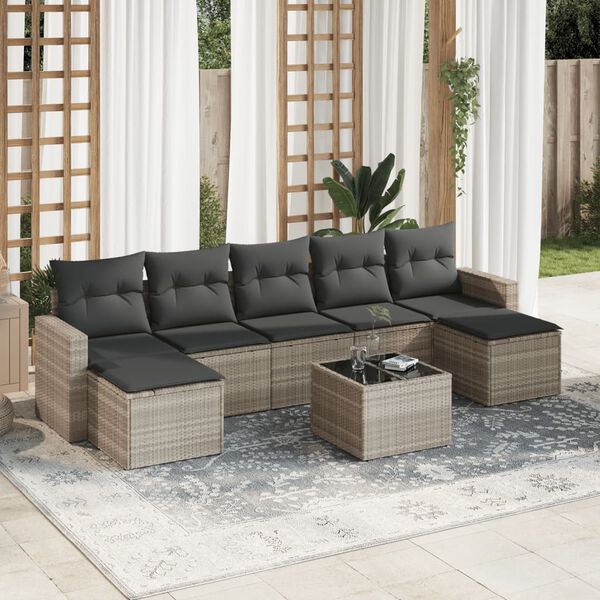vidaXL 8-tlg. Garten-Sofagarnitur mit Kissen Hellgrau Poly Rattan