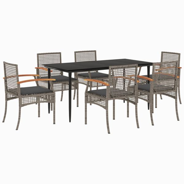 vidaXL 7-tlg. Garten-Essgruppe mit Kissen Grau Poly Rattan