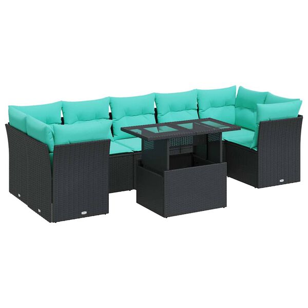 vidaXL 8-tlg. Garten-Sofagarnitur mit Kissen Schwarz Poly Rattan