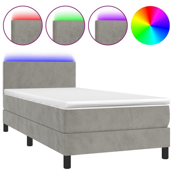 vidaXL Boxspringbett mit Matratze & LED Hellgrau 90x200 cm Samt
