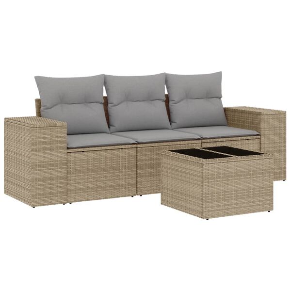 vidaXL 4-tlg. Garten-Sofagarnitur mit Kissen Beige Poly Rattan