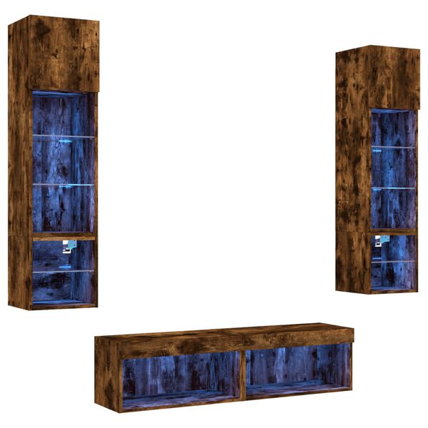 vidaXL 6-tlg. Wohnwand mit LED-Beleuchtung Räuchereiche Holzwerkstoff