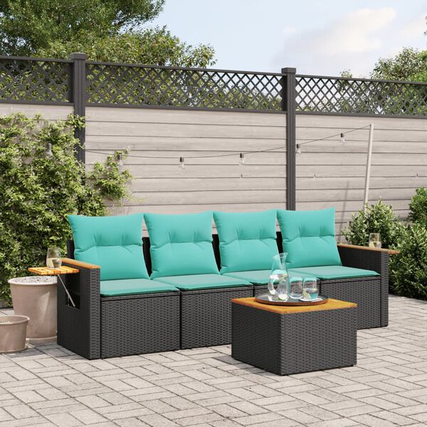 vidaXL 5-tlg. Garten-Sofagarnitur mit Kissen Schwarz Poly Rattan