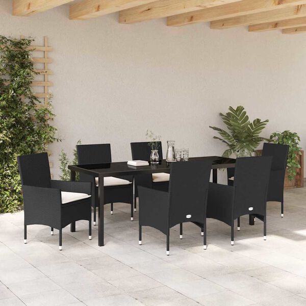vidaXL Garten Essgruppe mit Kissen 7 pcs Schwarz Poly-Rattan