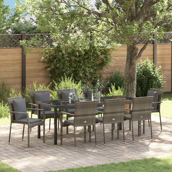 vidaXL Garten Essgruppe mit Kissen 9 pcs Grau Poly-Rattan