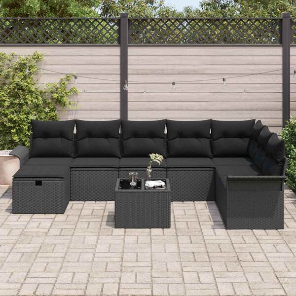 vidaXL Garten-Sofa-Set mit Kissen 9 pcs Schwarz Poly Rattan
