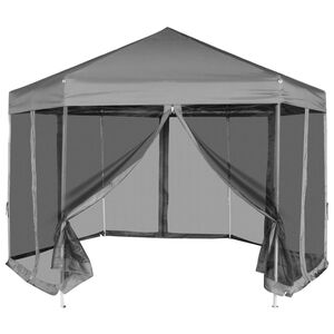 vidaXL Hexagonal Pop-Up Zelt mit 6 Seitenw&auml;nden Grau 3,6x3,1 m