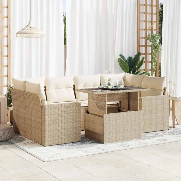 vidaXL 7-tlg. Garten-Sofagarnitur mit Kissen Beige Poly Rattan
