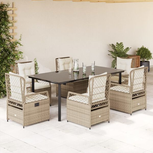 vidaXL 7-tlg. Garten-Essgruppe mit Kissen Beige Poly Rattan