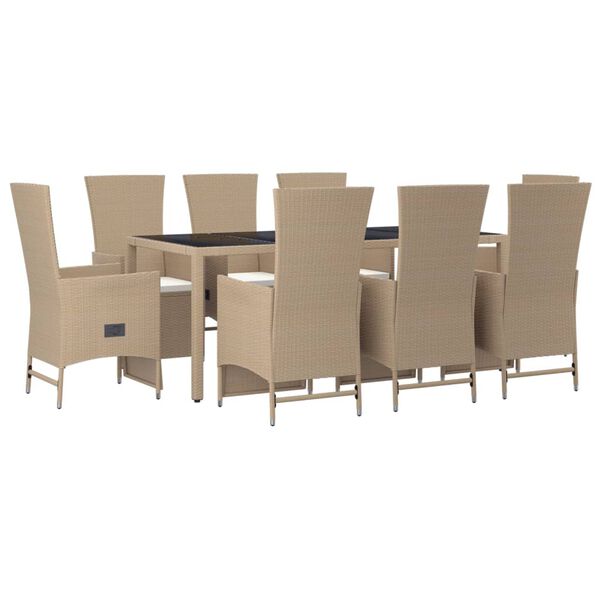 vidaXL 9-tlg. Garten-Essgruppe mit Kissen Beige Poly Rattan