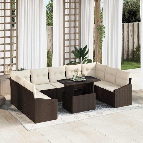 vidaXL Garten-Sofa-Set mit Kissen mit Speicher 10 pcs Braun und Creme