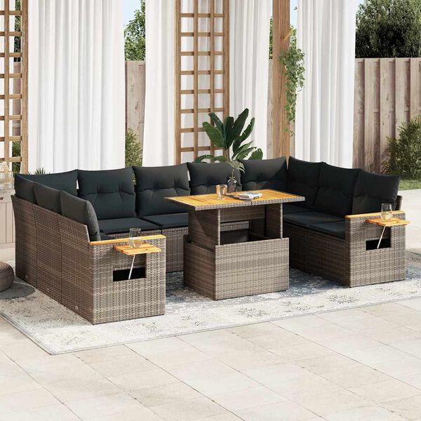 vidaXL 10-tlg. Garten-Sofagarnitur mit Kissen Grau Poly Rattan Akazie